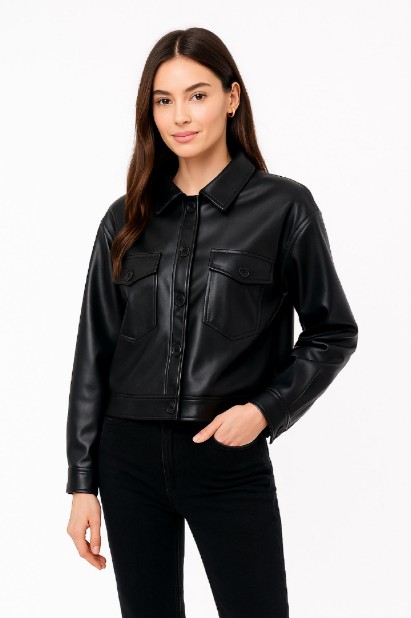 Picture of Short Faux Leather Jacket with Front Pockets