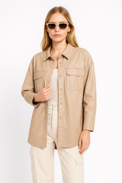 Picture of Faux Leather Overshirt with Front Pockets

