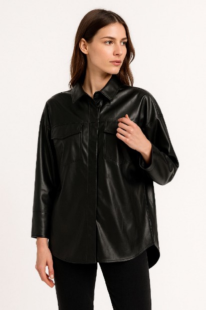 Picture of Faux Leather Overshirt with Front Pockets


