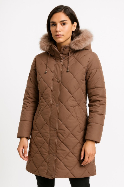 Picture of Long Quilted Coat with Faux Fur Hood