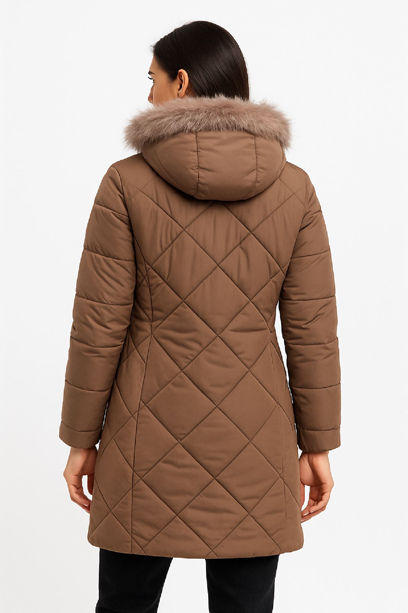 Picture of Long Quilted Coat with Faux Fur Hood