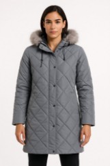 Picture of Long Quilted Coat with Faux Fur Hood