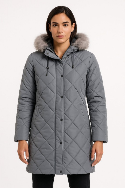 Picture of Long Quilted Coat with Faux Fur Hood
