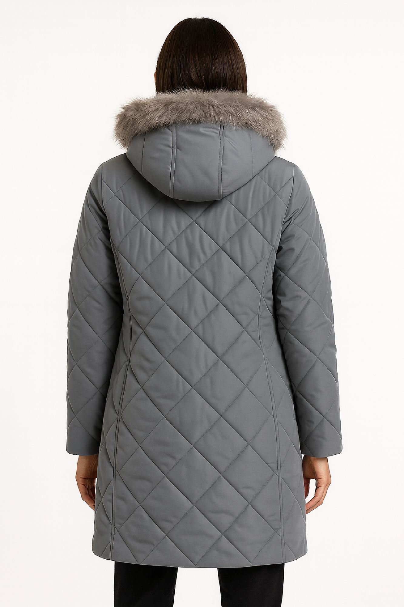 Picture of Long Quilted Coat with Faux Fur Hood
