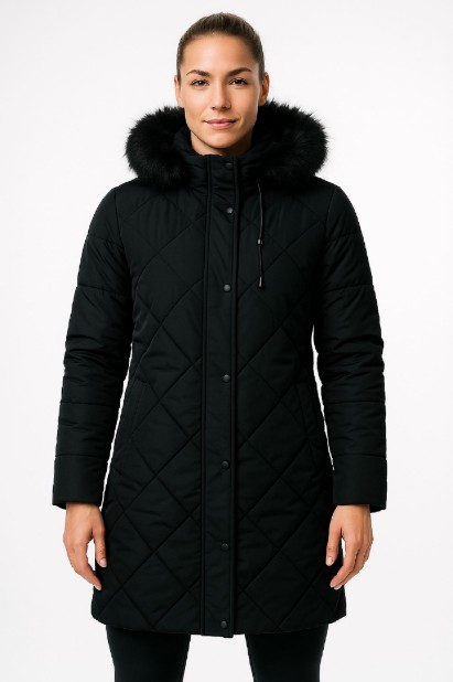 Picture of Long Quilted Coat with Faux Fur Hood