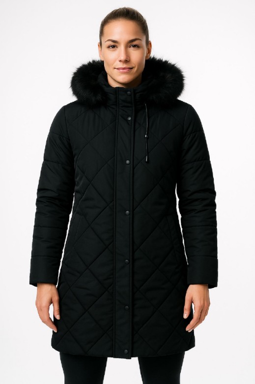 Picture of Long Quilted Coat with Faux Fur Hood