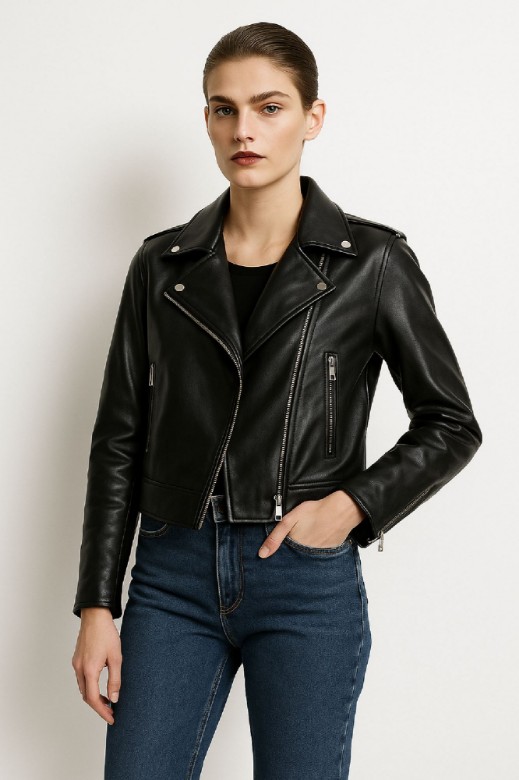 Picture of Cropped Moto Jacket with Metallic Details