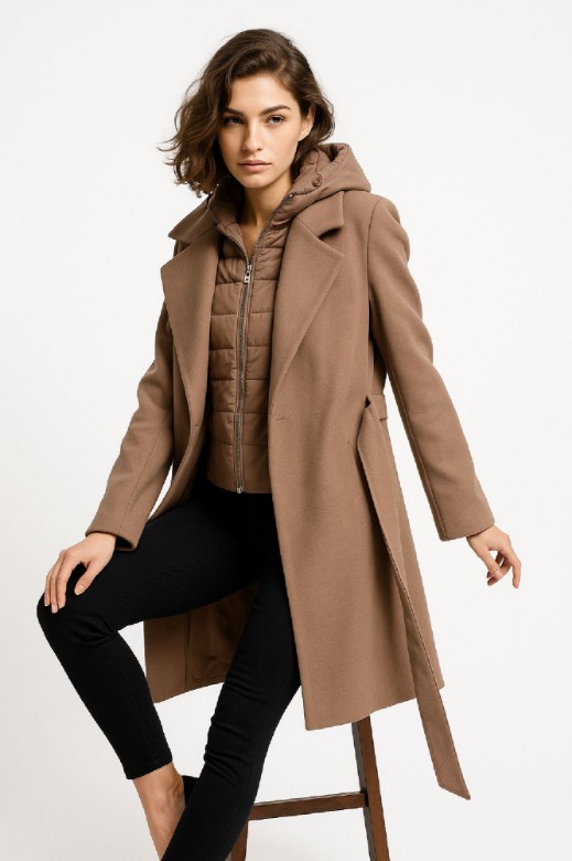 Picture of Long Textured Coat with Belt Detail