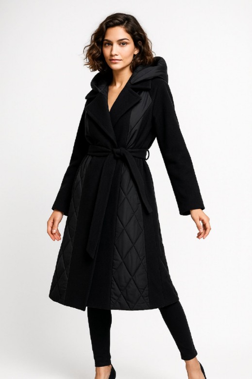Picture of Long Quilted Belted Coat with Hood