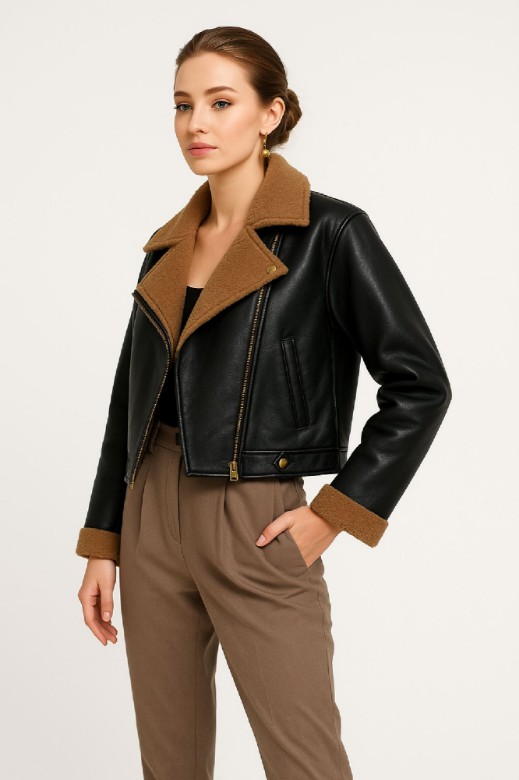 Picture of Cropped Leather Jacket with Shearling Details