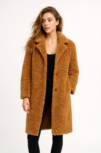 Picture of Long Textured Faux-Fur Coat with Classic Silhouette