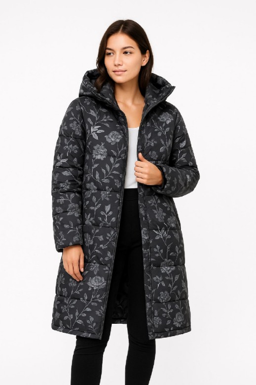 Picture of Long Puffer Coat with Embossed Floral Design
