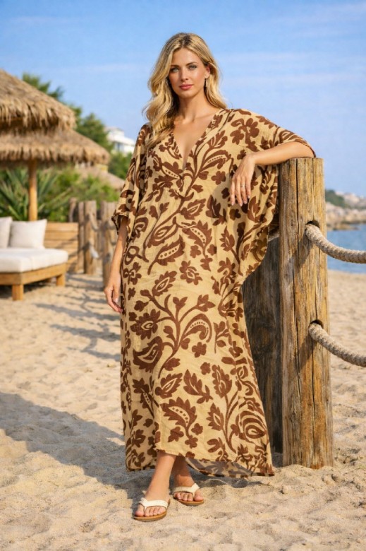 Εικόνα της Καφτάν Μάξι Εμπριμέ Φόρεμα με V Λαιμόκοψη