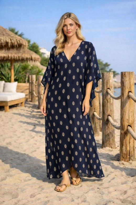 Εικόνα της Καφτάν Μάξι Εμπριμέ Φόρεμα με V Λαιμόκοψη