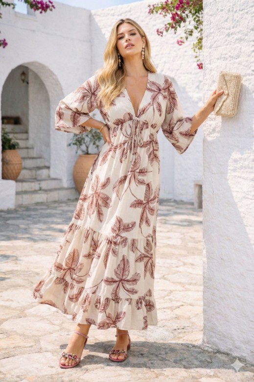 Εικόνα της Μάξι Εμπριμέ Καφτάνι με Βαθύ V και Αέρινα Μανίκια