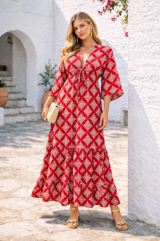 Εικόνα της Μάξι Εμπριμέ Καφτάνι με Βαθύ V και Αέρινα Μανίκια