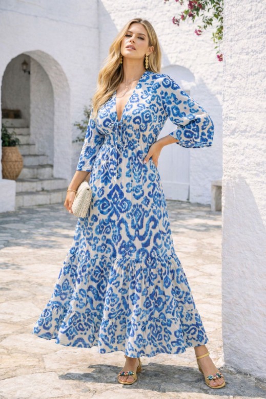 Εικόνα της Μάξι Εμπριμέ Καφτάνι με Βαθύ V και Αέρινα Μανίκια