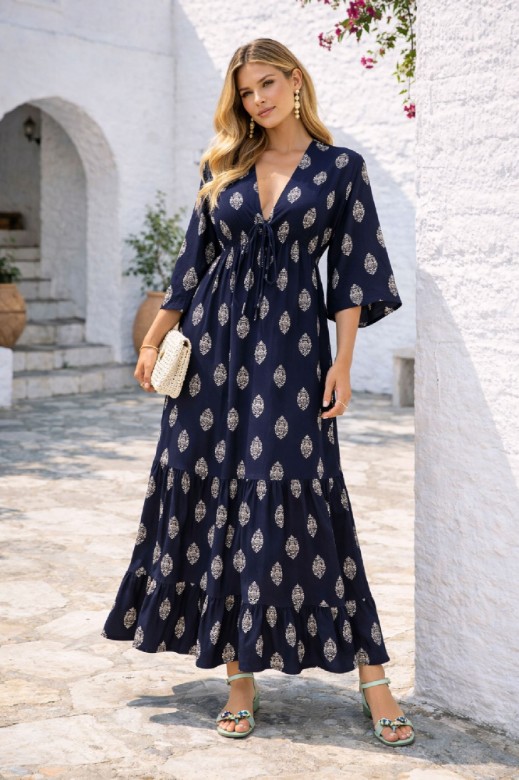 Εικόνα της Μάξι Εμπριμέ Καφτάνι με Βαθύ V και Αέρινα Μανίκια